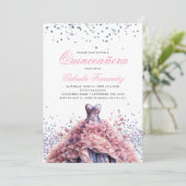Elegante bloemige roze jurk quinceanera kaart (Staand voorkant)