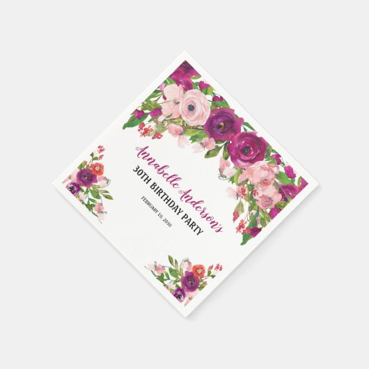 Elegante bloemige roze paarse waterverf verjaardag servet (Hoek)