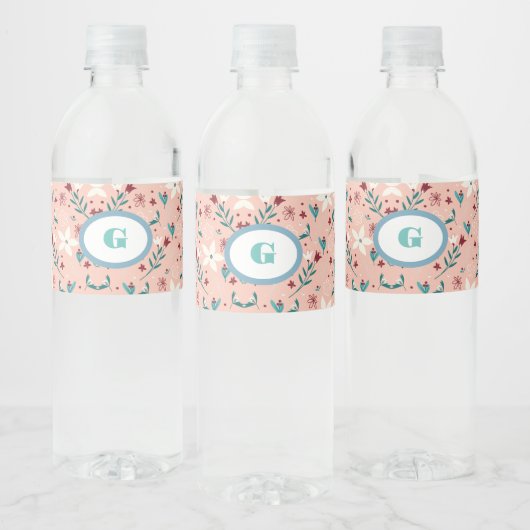 Elegante bloemige roze waterfles etiket (Flessen)