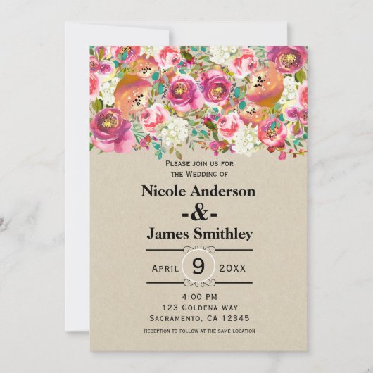 Elegante Bloemige Rustieke Chic Kraft Monogram Bru Kaart (Voorkant)