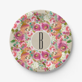 Elegante Bloemige Rustieke Chic Kraft Monogram Bru Papieren Bordje