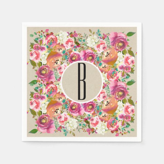 Elegante Bloemige Rustieke Chic Kraft Monogram Bru Servetten (Voorkant)