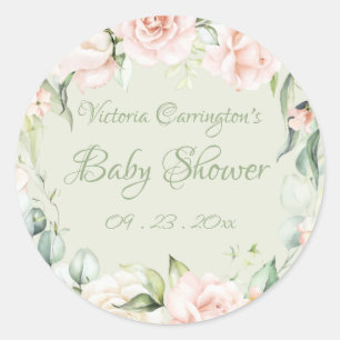 Elegante bloemige saliegroene babyshower ronde sticker