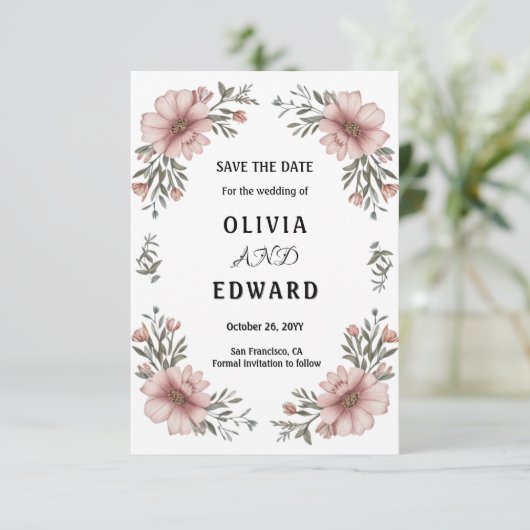Elegante bloemige Save the Date-huwelijksaankondig Save The Date (Staand voorkant)
