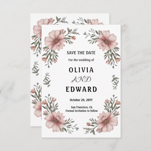 Elegante bloemige Save the Date-huwelijksaankondig Save The Date (Voorkant / Achterkant)
