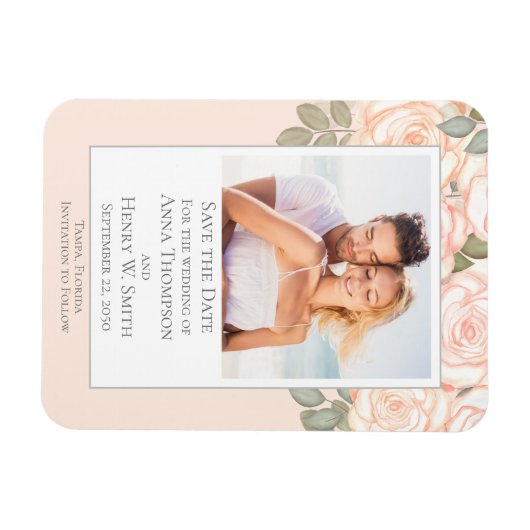 Elegante Bloemige "Save the Date" Trouwfoto Magneet (Horizontaal)