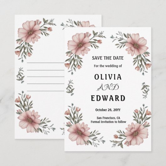 Elegante Bloemige Save the Date Trouwkaart (Voorkant / Achterkant)