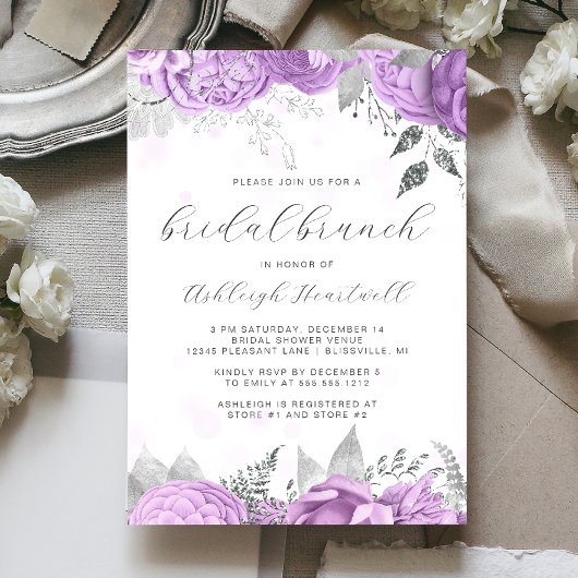 Elegante Bloemige Script Lila Zilveren Bruids Brun Kaart