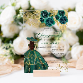 Elegante bloemige smaragdgroene Charra Quinceañera Acryl Uitnodigingen