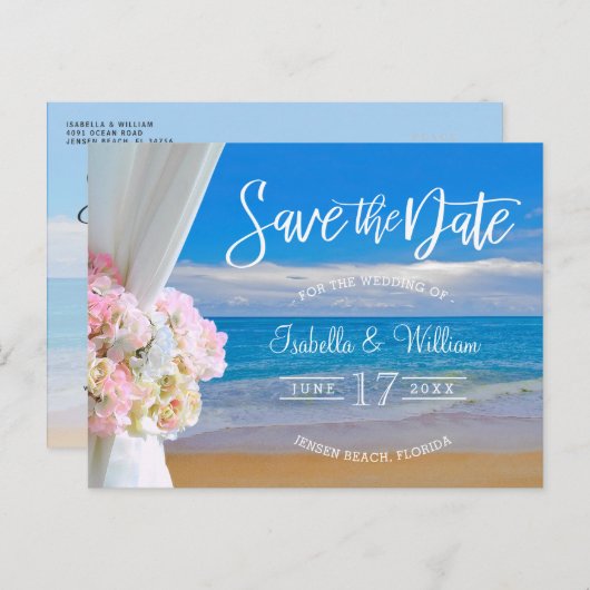 Elegante bloemige strand zomer trouw save the date aankondigingskaart (Voorkant / Achterkant)