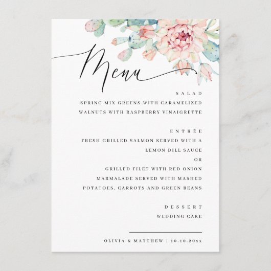 Elegante Bloemige Succulente Trouw. Botanisch Dine Menu (Voorkant)
