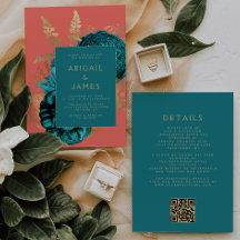 Elegante Bloemige Teal Gouden Koraal QR Code Trouw