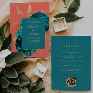 Elegante Bloemige Teal Gouden Koraal QR Code Trouw Kaart