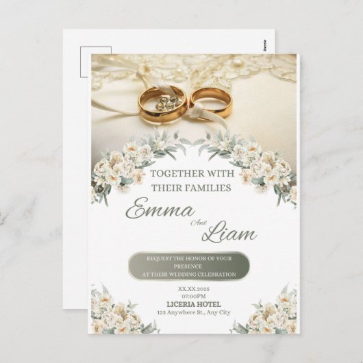 Elegante Bloemige Trouw Uitnodiging – Emma & Liam (Voorkant / Achterkant)