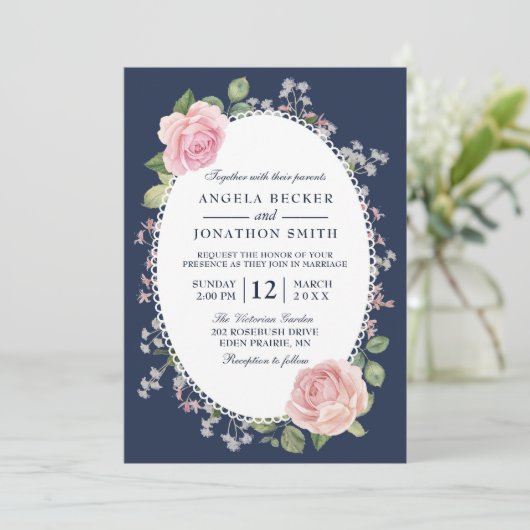 Elegante bloemige trouwdag in het middenblauw en r kaart (Staand voorkant)