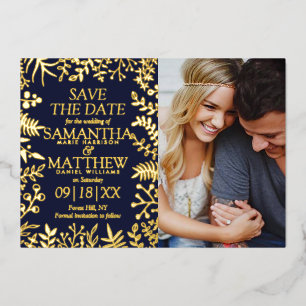 Elegante Bloemige Trouwfoto Save The Date Echt Folie Uitnodiging