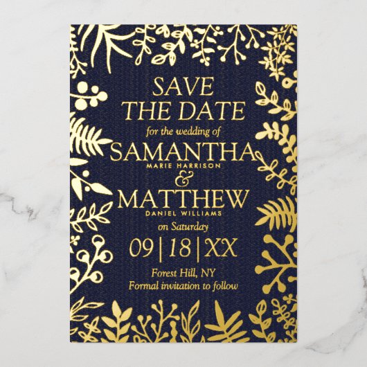 Elegante bloemige trouwkaart Save The Date echt Folie Uitnodiging (Voorkant)