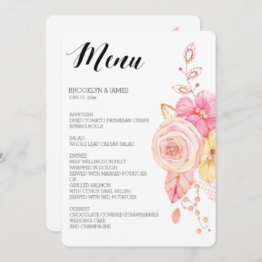 Elegante bloemige trouwmenu Parels Kant Menu (Voorkant / Achterkant)