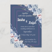 Elegante bloemige trouwuitnodiging in blauw en roz kaart (Voorkant / Achterkant)