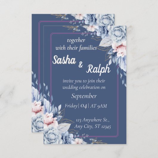 Elegante bloemige trouwuitnodiging in blauw en roz kaart (Voorkant / Achterkant)