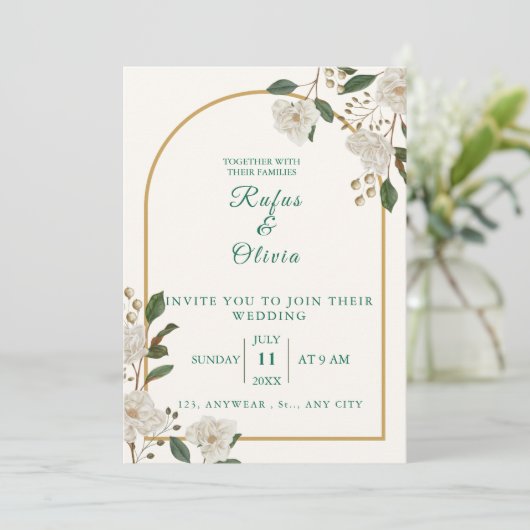 Elegante bloemige trouwuitnodiging met boog | rust kaart (Staand voorkant)