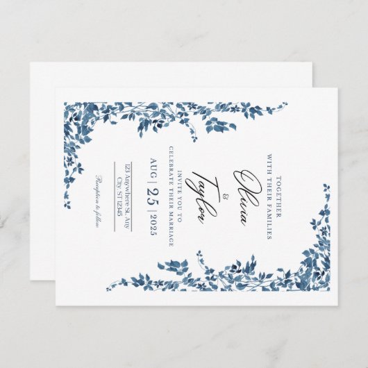 Elegante bloemige trouwuitnodiging met goud RSVP kaartje (Voorkant / Achterkant)