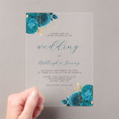 Elegante Bloemige Turquoise Gouden Script Bruiloft Acryl Uitnodigingen (Insitu (Draagbaar))