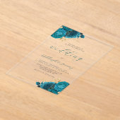 Elegante Bloemige Turquoise Gouden Script Bruiloft Acryl Uitnodigingen (Laagn)