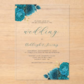 Elegante Bloemige Turquoise Gouden Script Bruiloft Acryl Uitnodigingen (Voorkant)