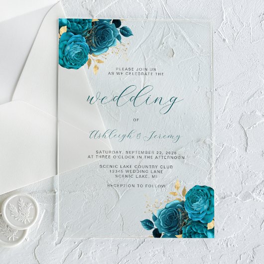 Elegante Bloemige Turquoise Gouden Script Bruiloft Acryl Uitnodigingen