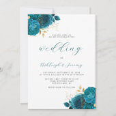 Elegante Bloemige Turquoise Gouden Script Bruiloft Kaart (Voorkant)