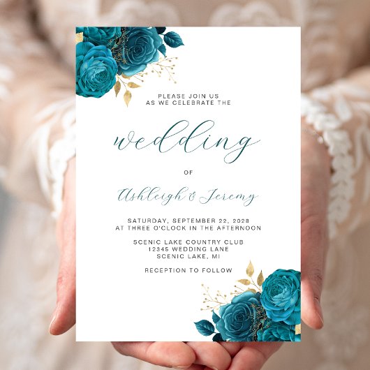 Elegante Bloemige Turquoise Gouden Script Bruiloft Kaart
