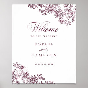 Elegante Bloemige Vintage Burgundy Trouw Welkom Poster