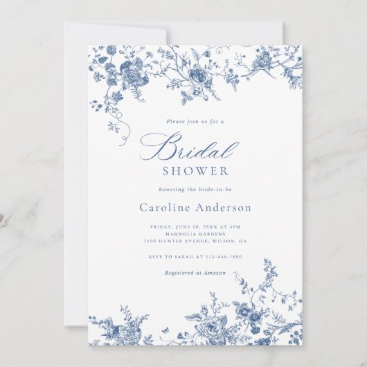 Elegante bloemige vintage marineblauwe bruidsdouch kaart (Voorkant)