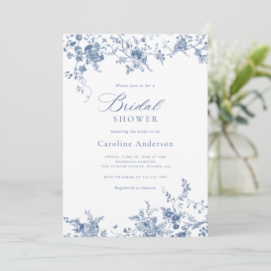 Elegante bloemige vintage marineblauwe bruidsdouch kaart (Staand voorkant)