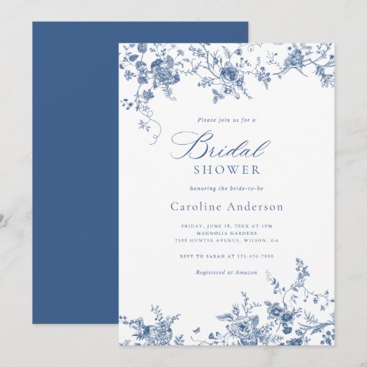 Elegante bloemige vintage marineblauwe bruidsdouch kaart (Voorkant / Achterkant)