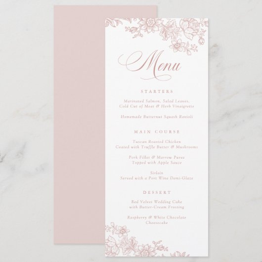 Elegante bloemige vintage roze botanische menu (Voorkant / Achterkant)