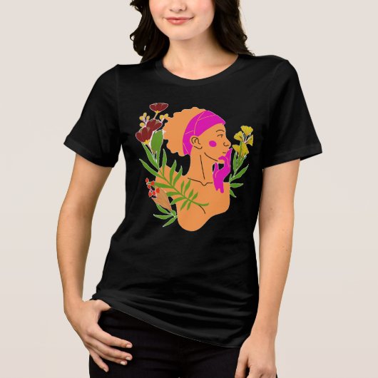 Elegante Bloemige Vrouw Silhouet Tri-Blend Shirt (Voorkant)