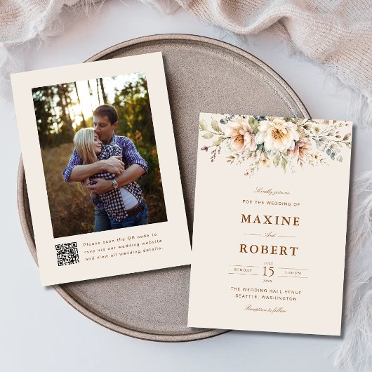 Elegante Bloemige Watercolor QR Code Foto Bruiloft Kaart