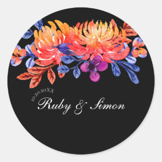 Elegante Bloemige Waterverf Boeket Bruiloft Ronde Sticker