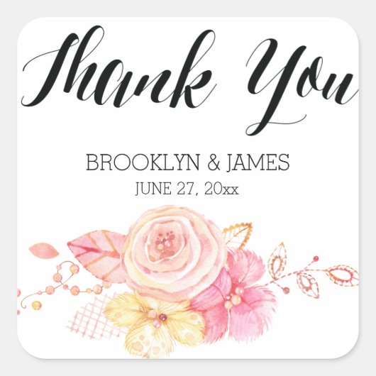 Elegante Bloemige Waterverf Bruiloftstickers Vierk Vierkante Sticker (Voorkant)