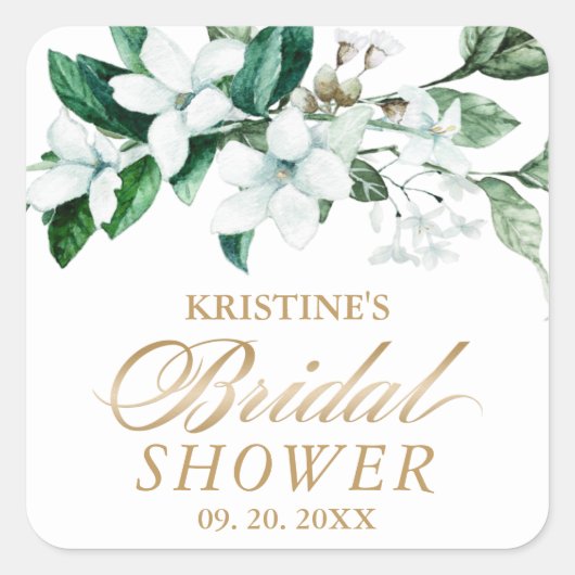 Elegante Bloemige Waterverf Groene Bruids-Shower Vierkante Sticker (Voorkant)