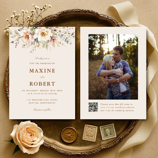 Elegante Bloemige Waterverf QR Code Foto Bruiloft Kaart