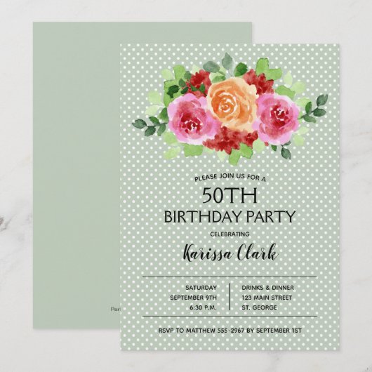 Elegante bloemige waterverf verjaardagsuitnodiging (Voorkant / Achterkant)