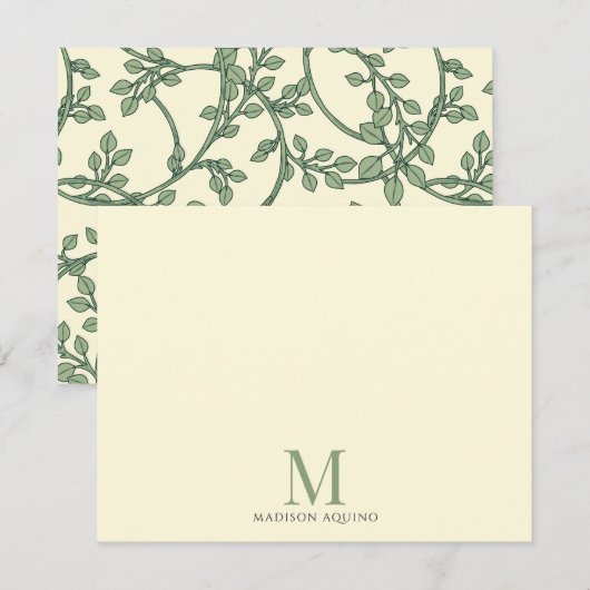 Elegante bloemige wijnstokken monogram notitiekaartje (Voorkant / Achterkant)