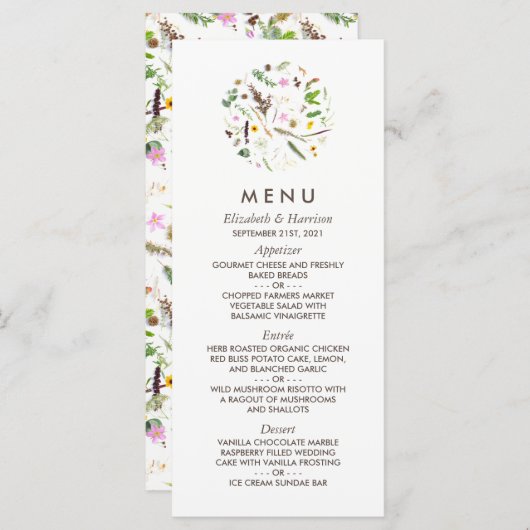 Elegante Bloemige Wilde Bloemen Bruiloft Menu (Voorkant / Achterkant)