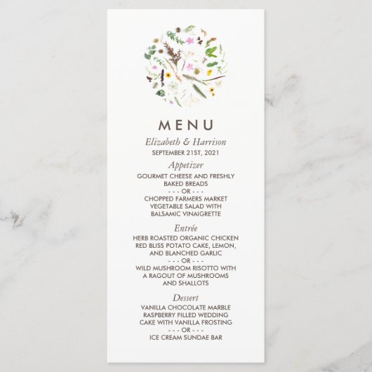 Elegante Bloemige Wilde Bloemen Bruiloft Menu (Voorkant)
