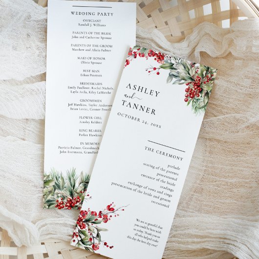 Elegante Bloemige Winter Kerst Huwelijk Programmakaart