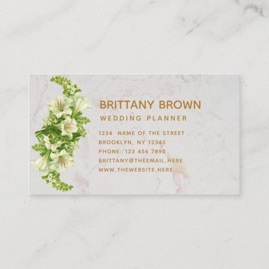 Elegante bloemige witte lelies marmeren kalligrafi visitekaartje (Achterkant)