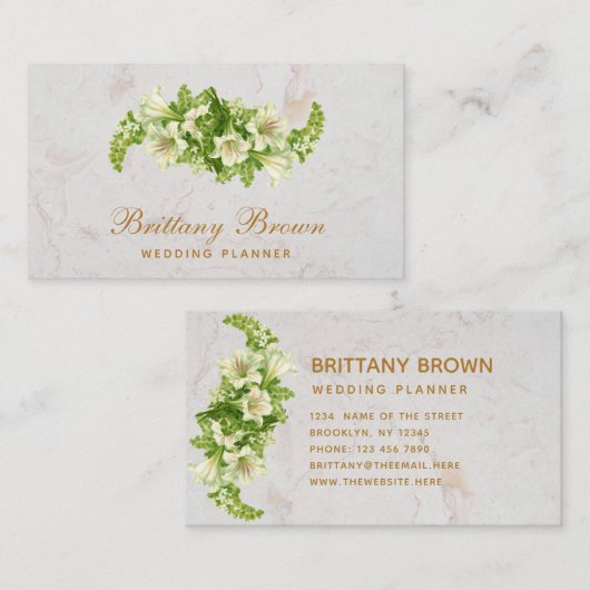 Elegante bloemige witte lelies marmeren kalligrafi visitekaartje (Voorkant / Achterkant)